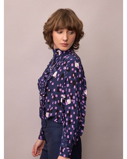 Amanda Thompson Couture Blue Frankie Shirt Abstract Silk Print