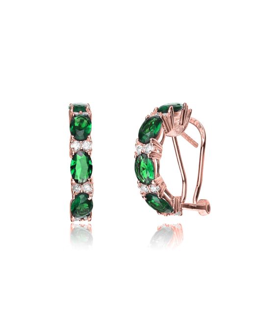 Genevive Jewelry Green Rose Gold Plated With Emerald & Diamond Cubic Zirconia Half Hoop Earrings In Sterling Silver