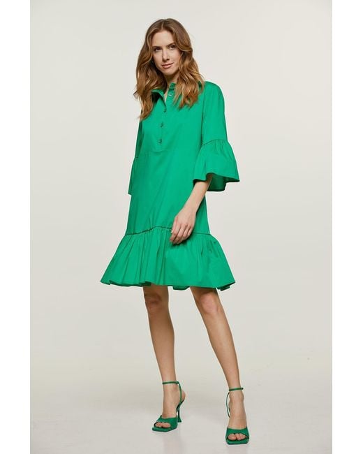 Conquista Green Bell Sleeve Dress With Ruffle Hem