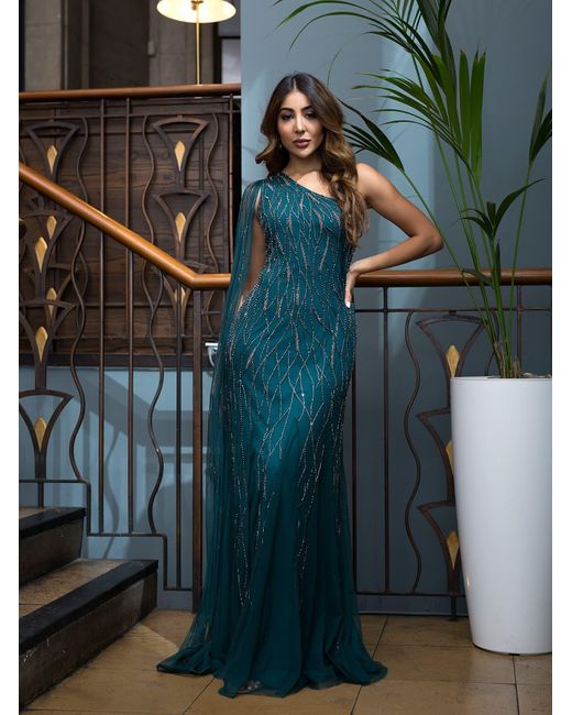 Raishma Green Mila Cut As A One Shoulder With Floor Length Drape From Shoulder & Embroidery Throughtout Gown