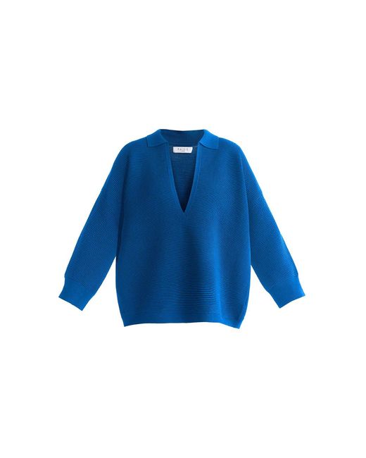 Paisie Blue Low Cut Polo Collar Ribbed Jumper
