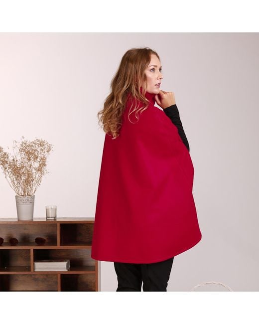 Nikka Place Red Wool Poncho Cloak Coat With Buttons & High Neck
