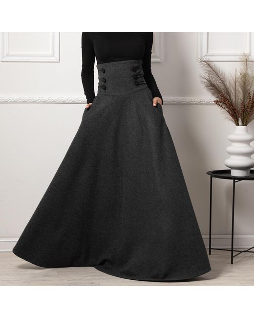 Nikka Place Black Ultra High Waist Wool Maxi Skirt With Pockets