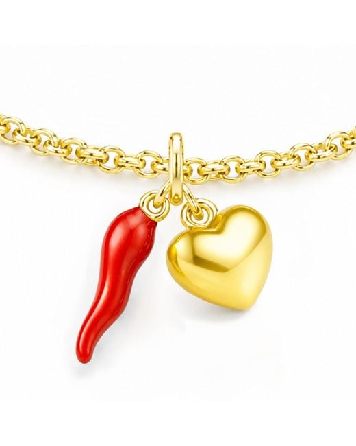 Unaloe Metallic Vermeil Cornicello & Heart Charm Bracelet – Enamel Italian Good Luck Jewelry, Handmade Lucky Talisman