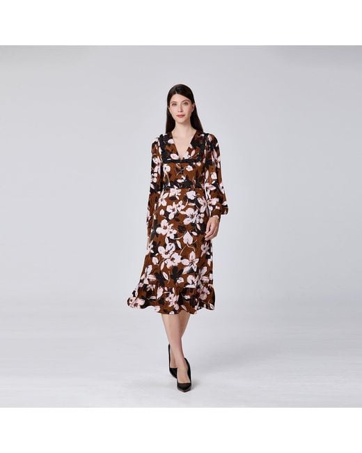 Smart and Joy Brown Ruffle Collar Macro Flower Print Dress