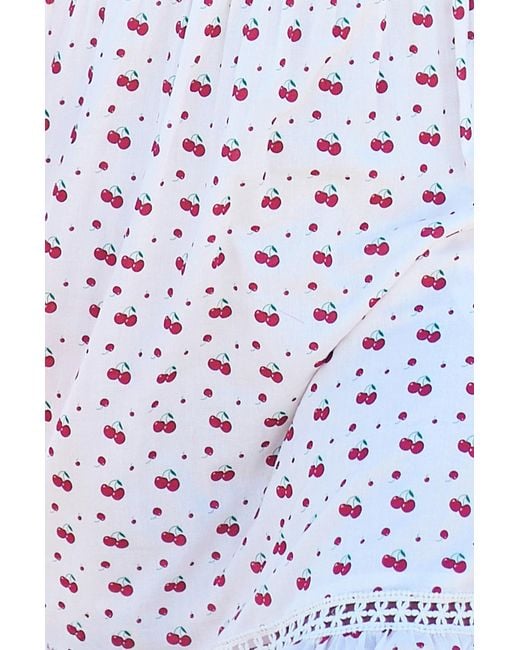 Yumi' White Cherry Print Lace Trim Cotton Midi Dress