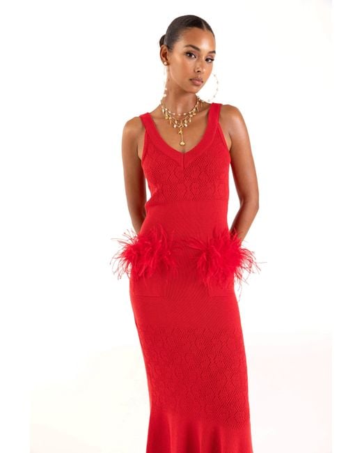 Andreeva Red Cherry Knit Dress With Real Ostrich Feather Details