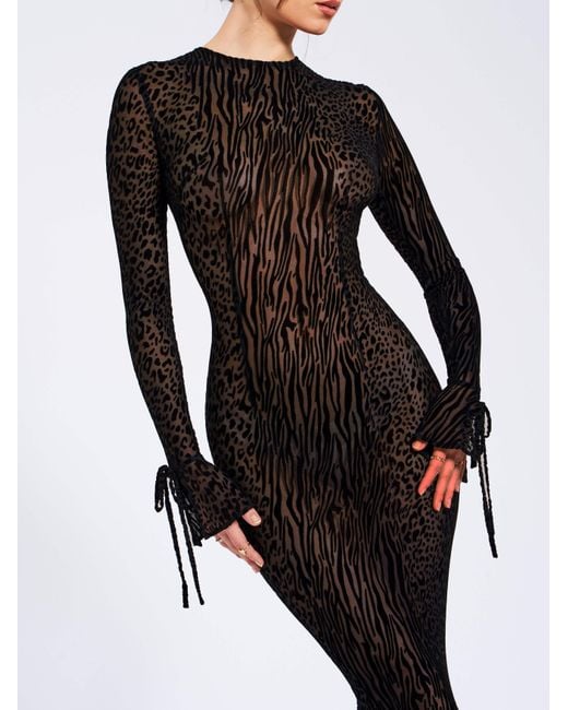 Miss Circle New York Black Waylynn Animal Print Burnout Velvet Detail Mesh Backless Maxi Dress
