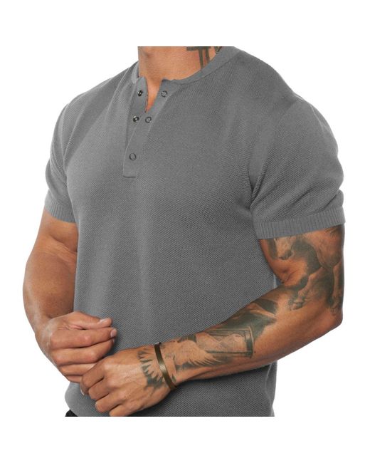 Weston Jon Boucher Gray Ss Mandarin Collar Slim Fit Knit Henley for men