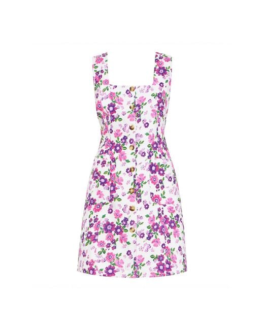 Yumi' Purple Retro Floral Cotton Stretch Pinafore Dress