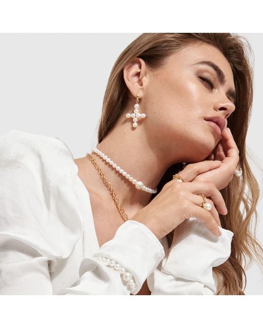 Ora Pearls Metallic Aelia Cross Pearl Hoop Earrings