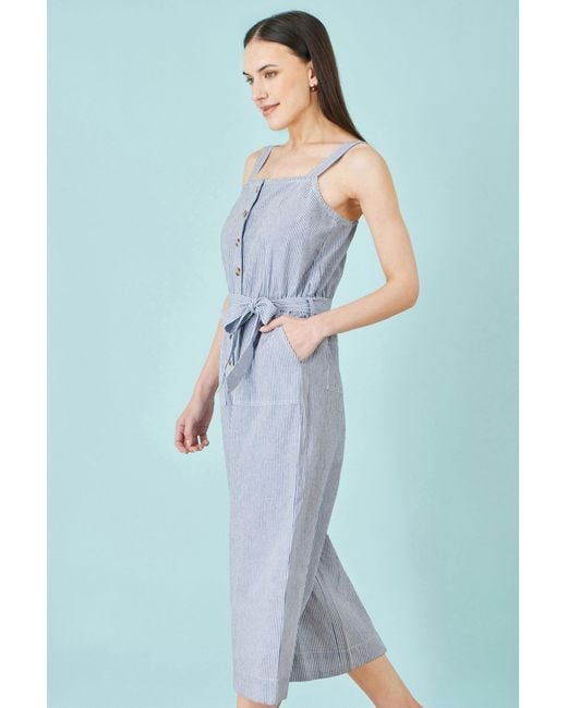 Yumi' Blue Cotton Stripe Button Through Jumpsuit