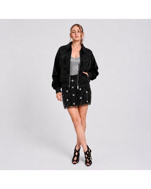 Lalipop Design Black Embroidered Sequin Tulle Mini Skirt