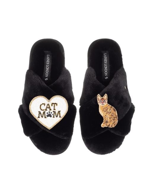 Laines London Blue Classic Laines Slippers With Cat Mum/Mom & Bengal Cat Brooches