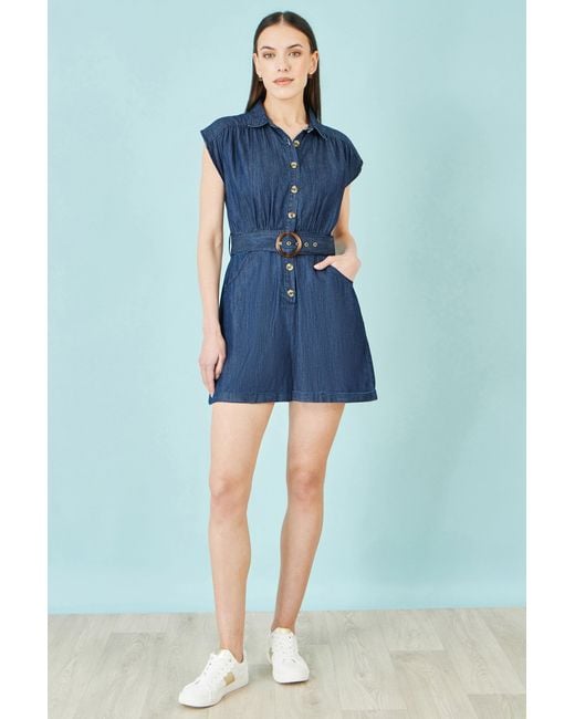 Yumi' Blue Chambray Cotton Playsuit