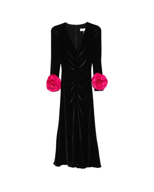 Nissa Black Floral-Detail Velvet Dress