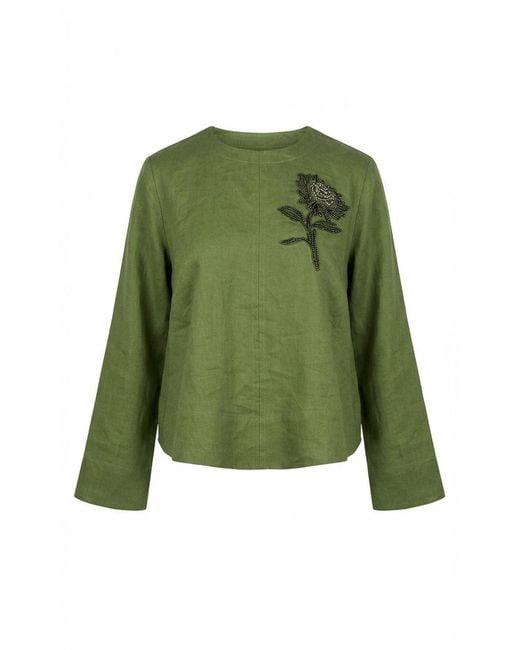 Exquise Green Fifine Long Sleeve Linen Blouse