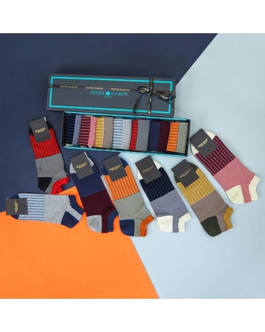Peper Harow - Made in England Blue Father's Day Trainer Socks Gift Box – Oxford Stripe for men