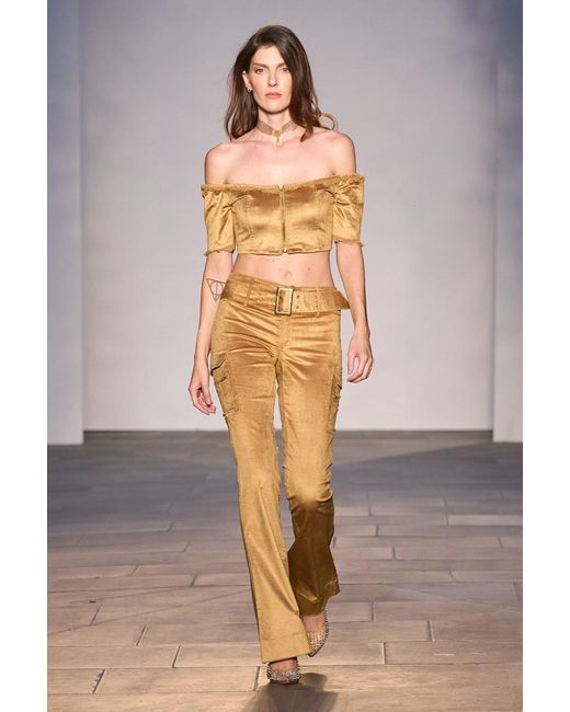 Why Mary Natural Off The Shoulder Velvet Crop Top With 3/4 Sleeves