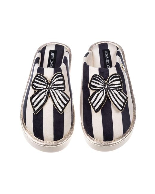 Laines London Blue Flatform Stripe Closed Toe Slippers With Stripe Bow Brooches