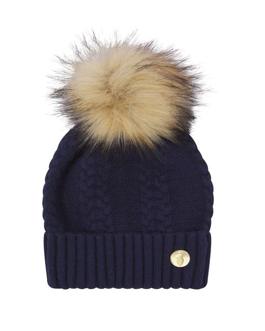 Hortons England Blue Cable Knit Cashmere Pom Pom Hat