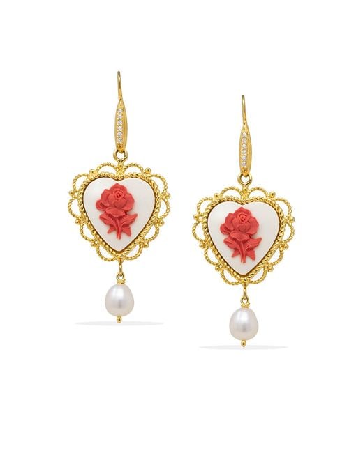 Vintouch Italy Metallic Blossom Heart Cameo Earrings With Pearls