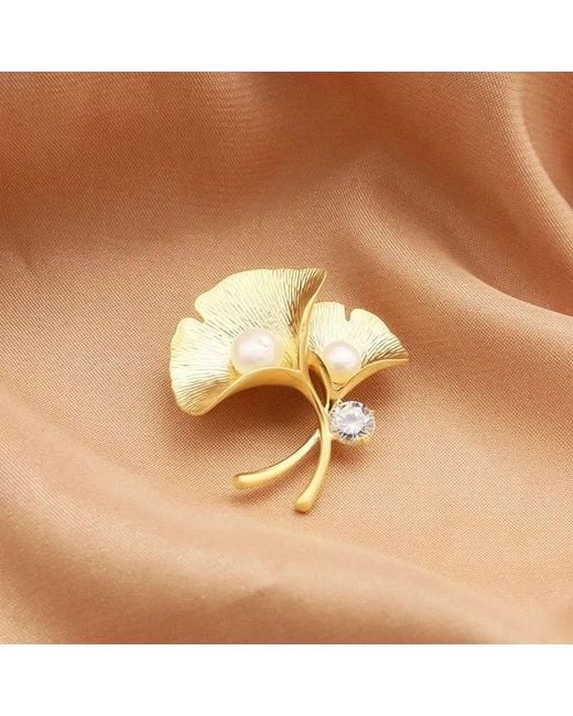 Angel Barocco Metallic Natural Freshwater Pearl Ginkgo Leaf Brooch