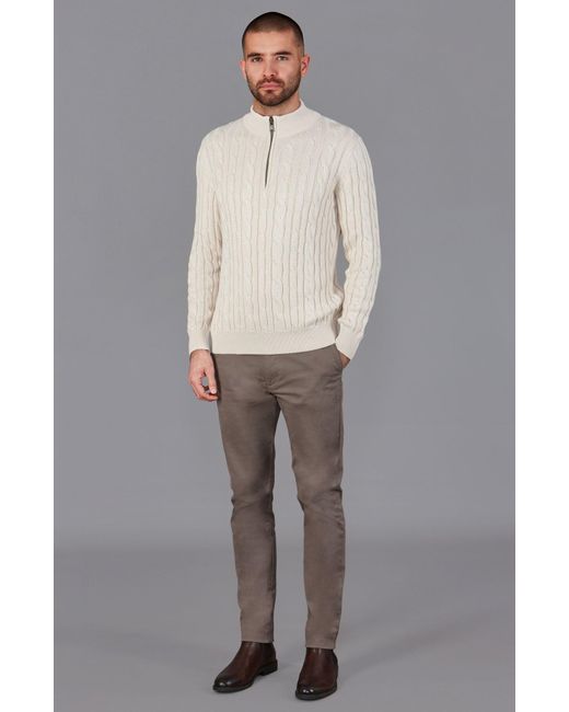Paul James Knitwear Natural Neutrals Midweight Romano Cotton Cable Zip Neck Jumper for men