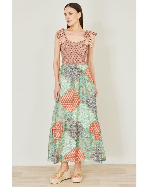 Yumi' Green Multicolour Patchwork Ruched Smocked Maxi Sundress