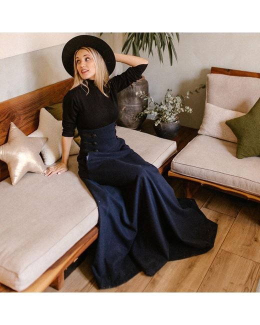 Nikka Place Blue Empire Waist Maxi Wool Skirt With Double Row Buttons