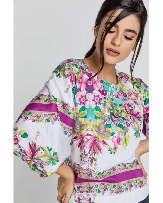 Conquista Multicolor Floral Print Top With Bishop Sleeves