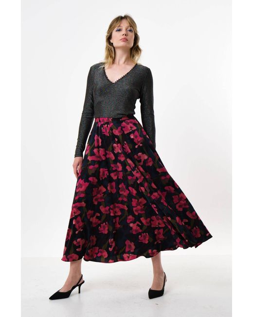 Louche Red Anza Watermark Floral Print Midaxi Skirt