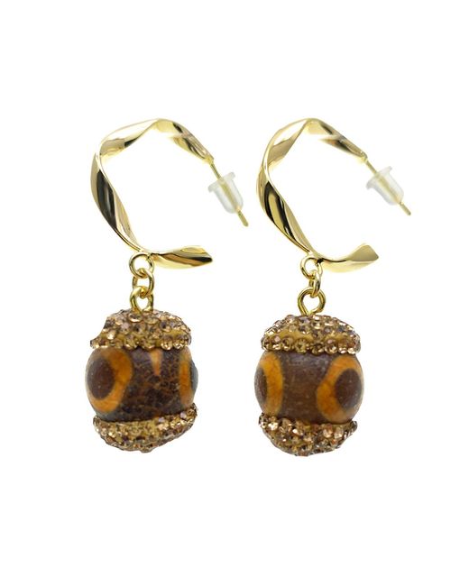 Farra Metallic Tibetan Dzi Bead With Rhinestones Hook Earrings