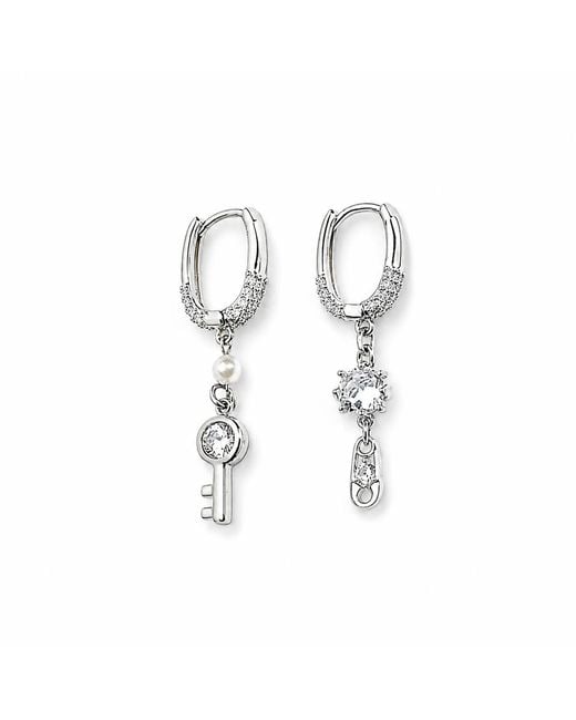 Kirei Metallic Keycode Earrings – Asymmetrical Hoop Earrings With Shell Pearl, Cubic Zirconia & Safety Pin Charms