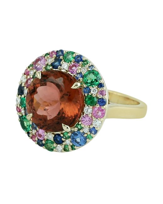 Artisan Green Tourmaline, Sapphire, Tsavorite & Diamond Halo Statement Ring