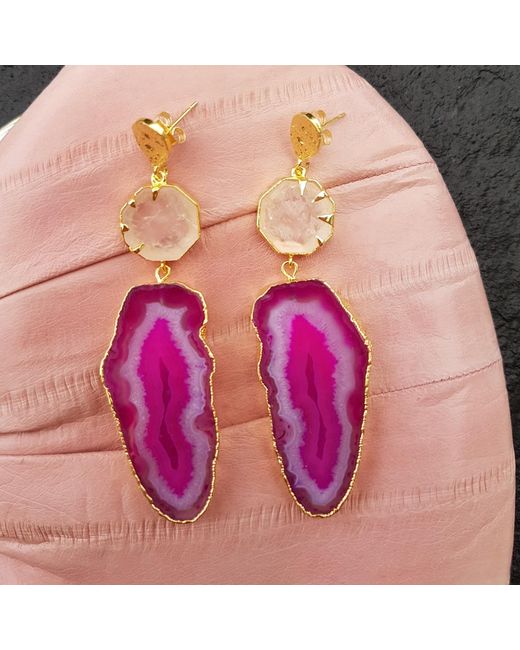 YAA YAA LONDON Purple 'hold On' Rose Quartz Pink Agate Gemstone Gold Statement Earrings