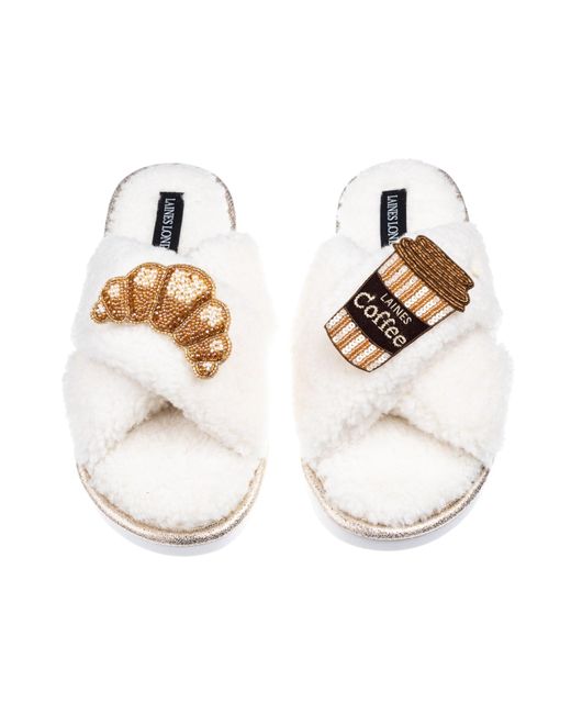 Laines London Metallic Neutrals Laines Neutral Boucle Slippers With Coffee & Croissant Brooches