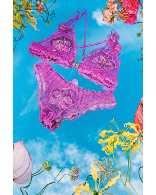 Empress Mimi Pink Orchidea Ruffled Bralette With Front Clasp & Flower Detail