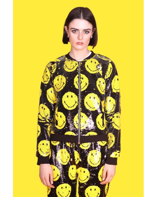 Any Old Iron Yellow Smiley Reversible Sequin Bomber Jacket