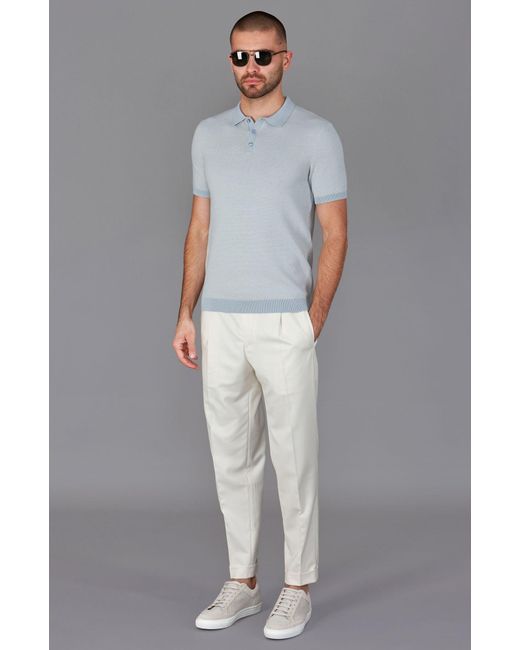 Paul James Knitwear Blue Lightweight Cotton Pietro Two Tone Textured Polo Shirt for men