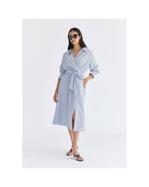 Paisie Blue Wrap Midi Shirt Dress With Metallic Button Details