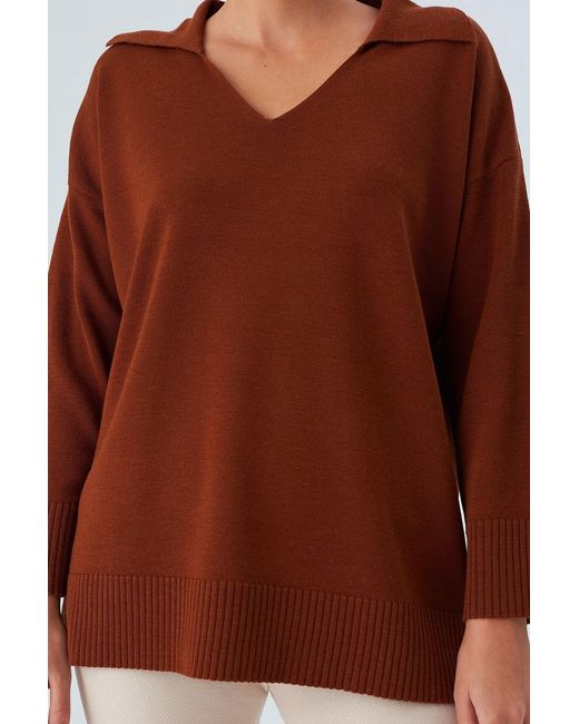 Peraluna Brown Polo V Neck Wide Sleeve Loose Fit Knit Pullover