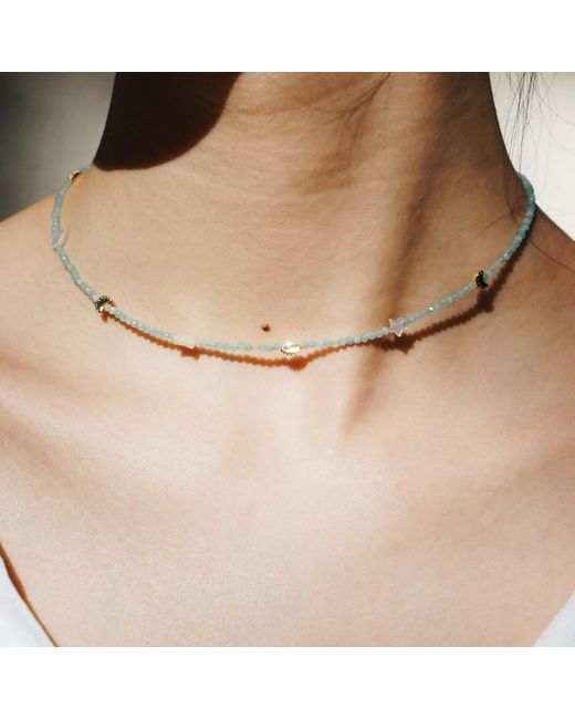 Aurozia Metallic Evil Eye Moon & Heart Amazonite Vermeil Choker Necklace & Bracelet, Crystal Protection Jewelry