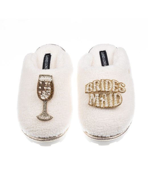 Laines London White Neutrals Teddy Closed Toe Slippers With Bridesmaid Brooches