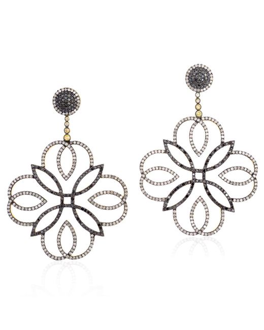 Artisan Metallic 18k Yellow Gold & 925 Sterling Silver In Pave Black With White Diamond Classic Dangle Earrings