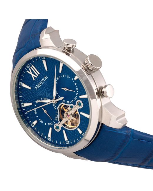 Heritor Blue Arthur Semi-skeleton Leather-band Watch With Day And Date for men
