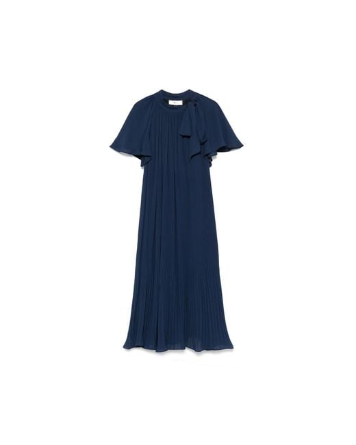 Nissa Blue Pleated Chiffon Midi Dress