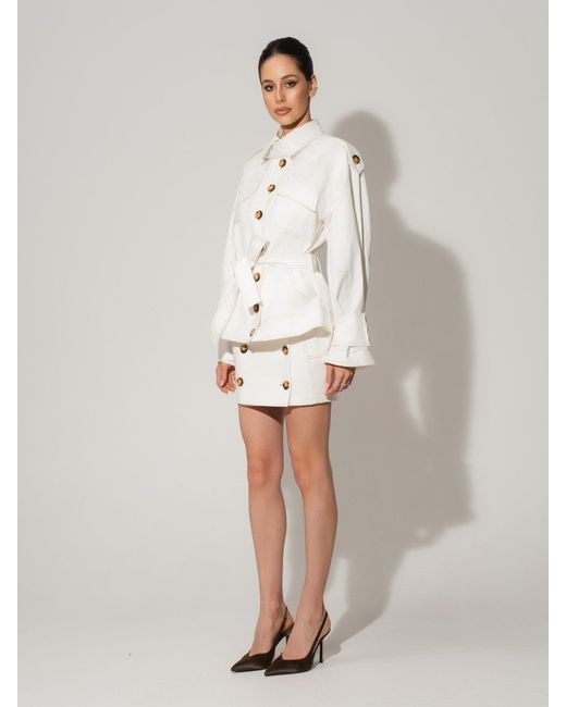 Tia Dorraine White Oversized Belted Trench Jacket & Mini Skirt Set
