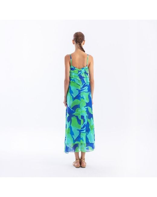 Haris Cotton Blue Printed Linen Blend Strapped Dress With Frills