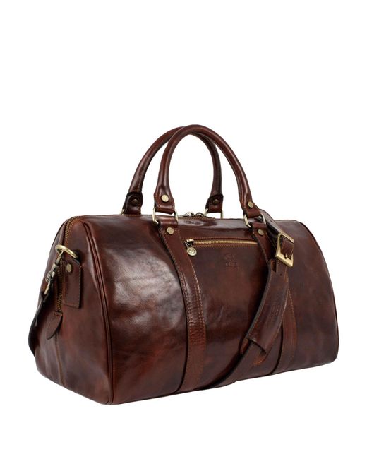 Time Resistance Brown Small Leather Overnight Bag, Duffel Bag